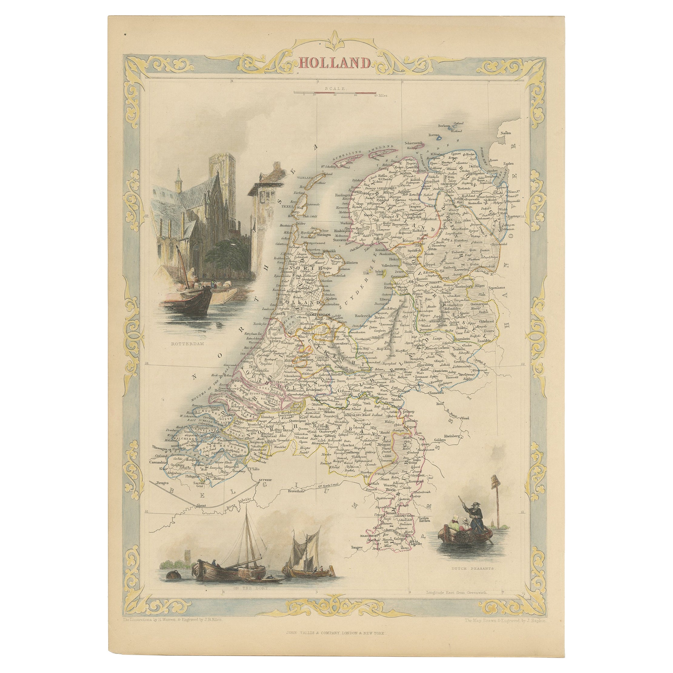 Antique Map of Holland with Colorful Vignettes, 1851 For Sale