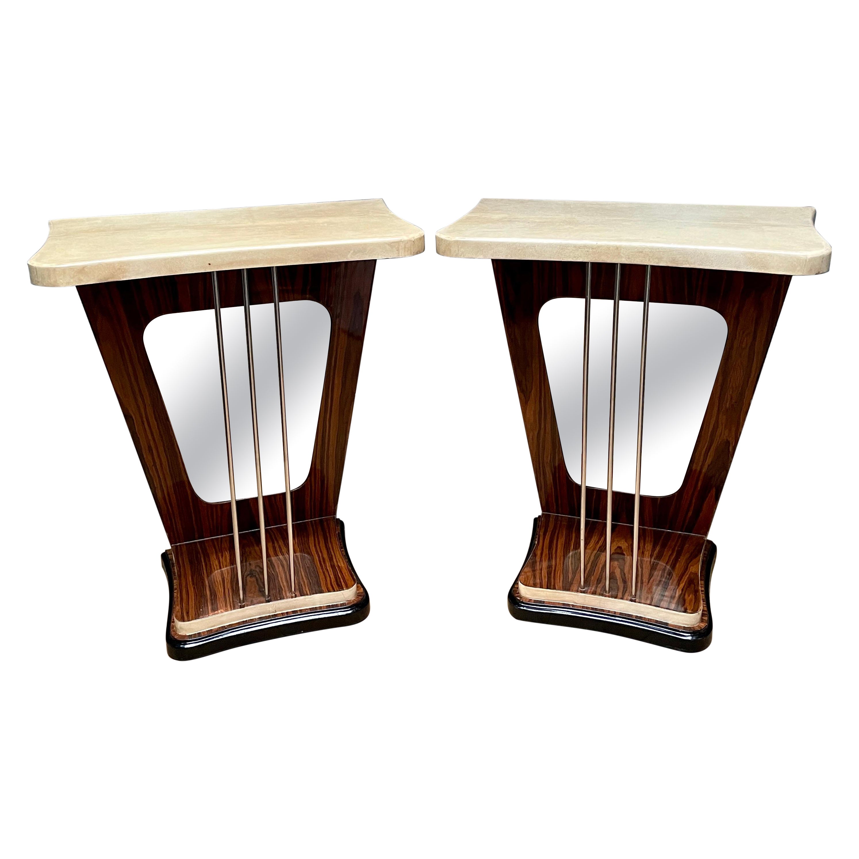 Pair of Italian Mirrored and Lacquered Goatskin Console Tables For Sale