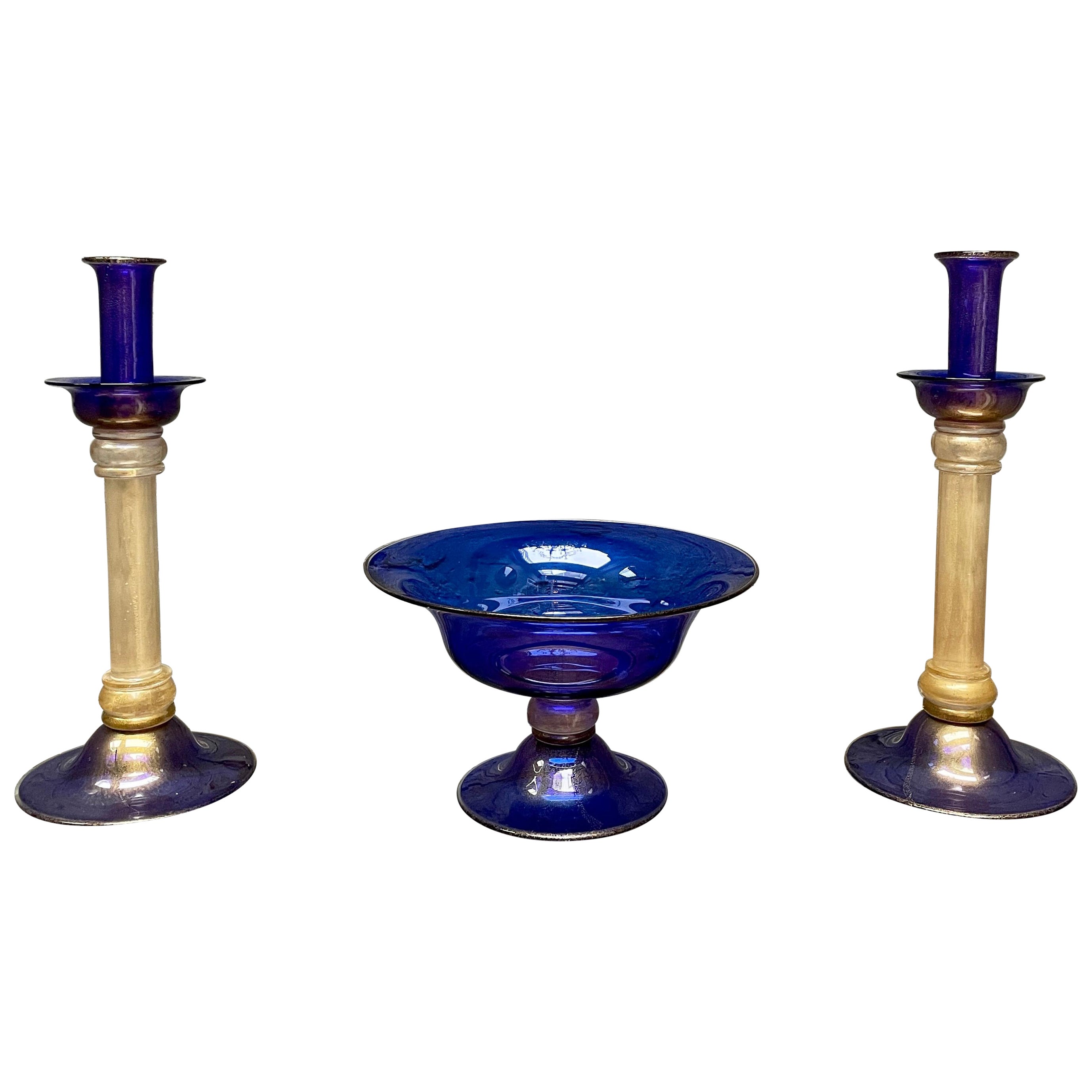 Pair of Murano Glass Candlesticks and Tazza
