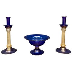 Retro Pair of Murano Glass Candlesticks and Tazza