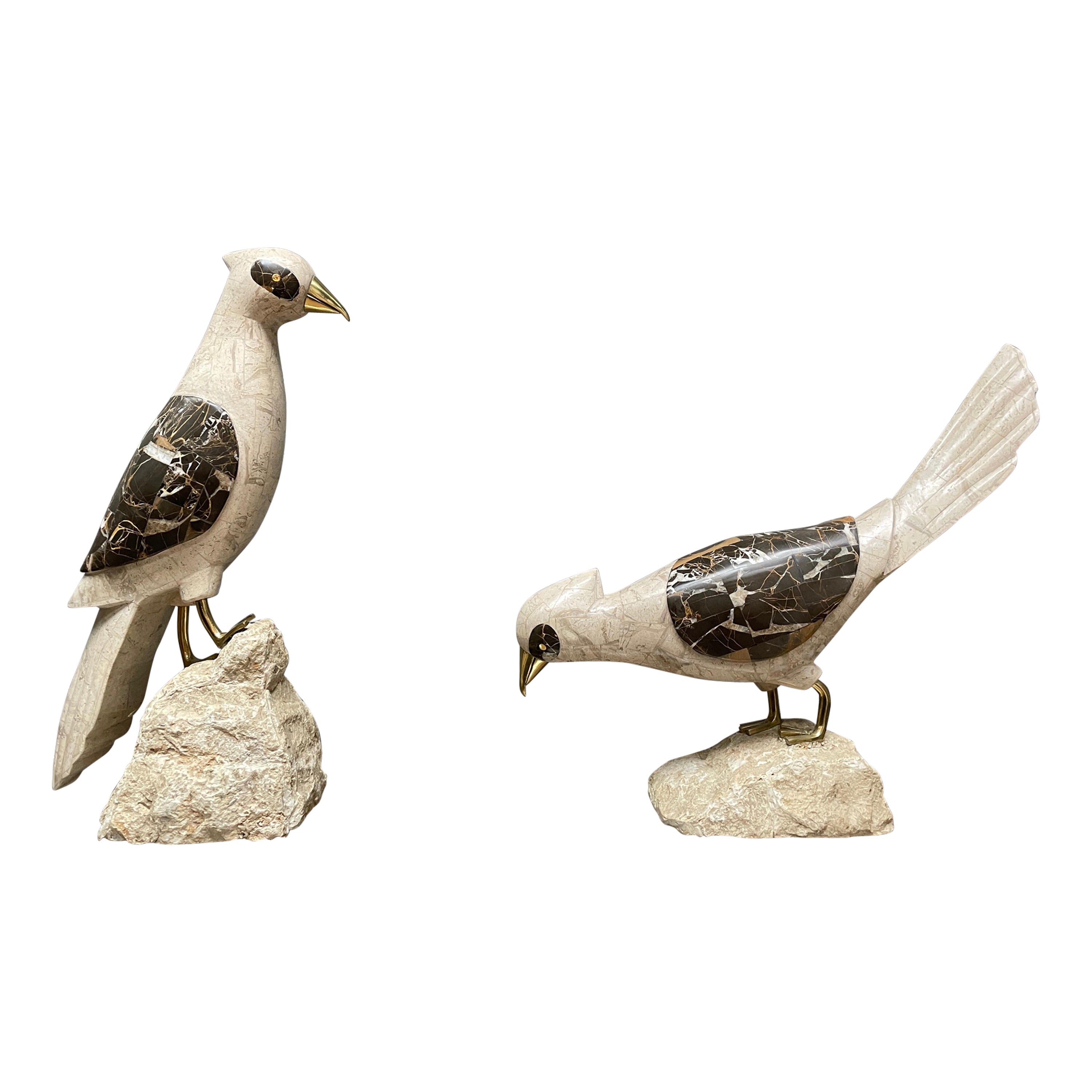 Pair of Tessellated Marble and Stone Birds by Maitland Smith