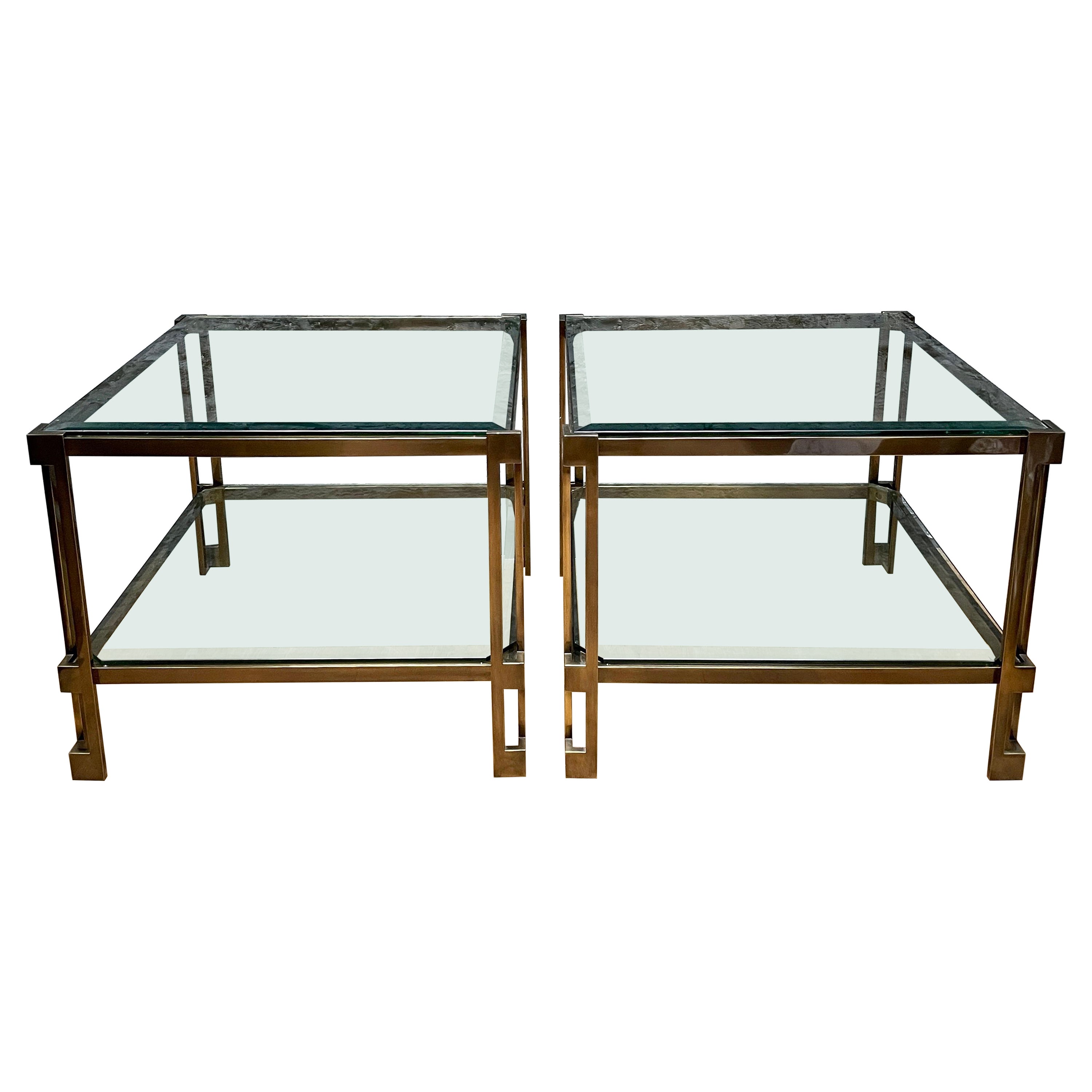 Pair of French Patinated Brass Two Tiered Side Tables
