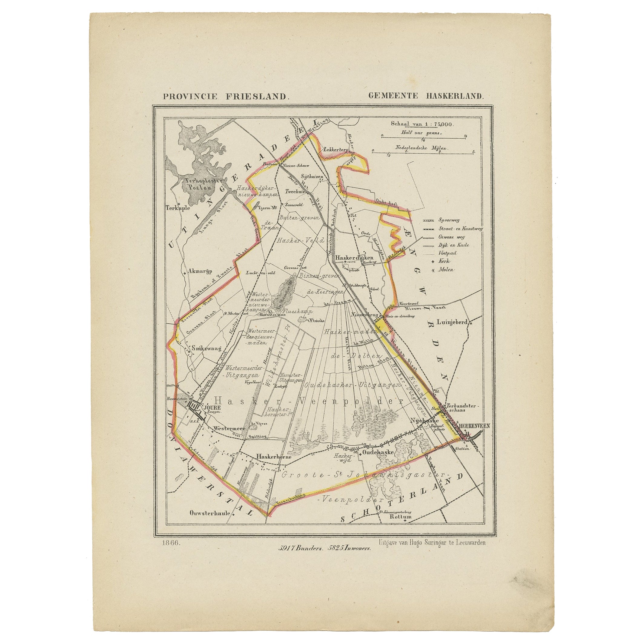 Carte ancienne de Haskerland dans le Friesland, aux Pays-Bas, 1868