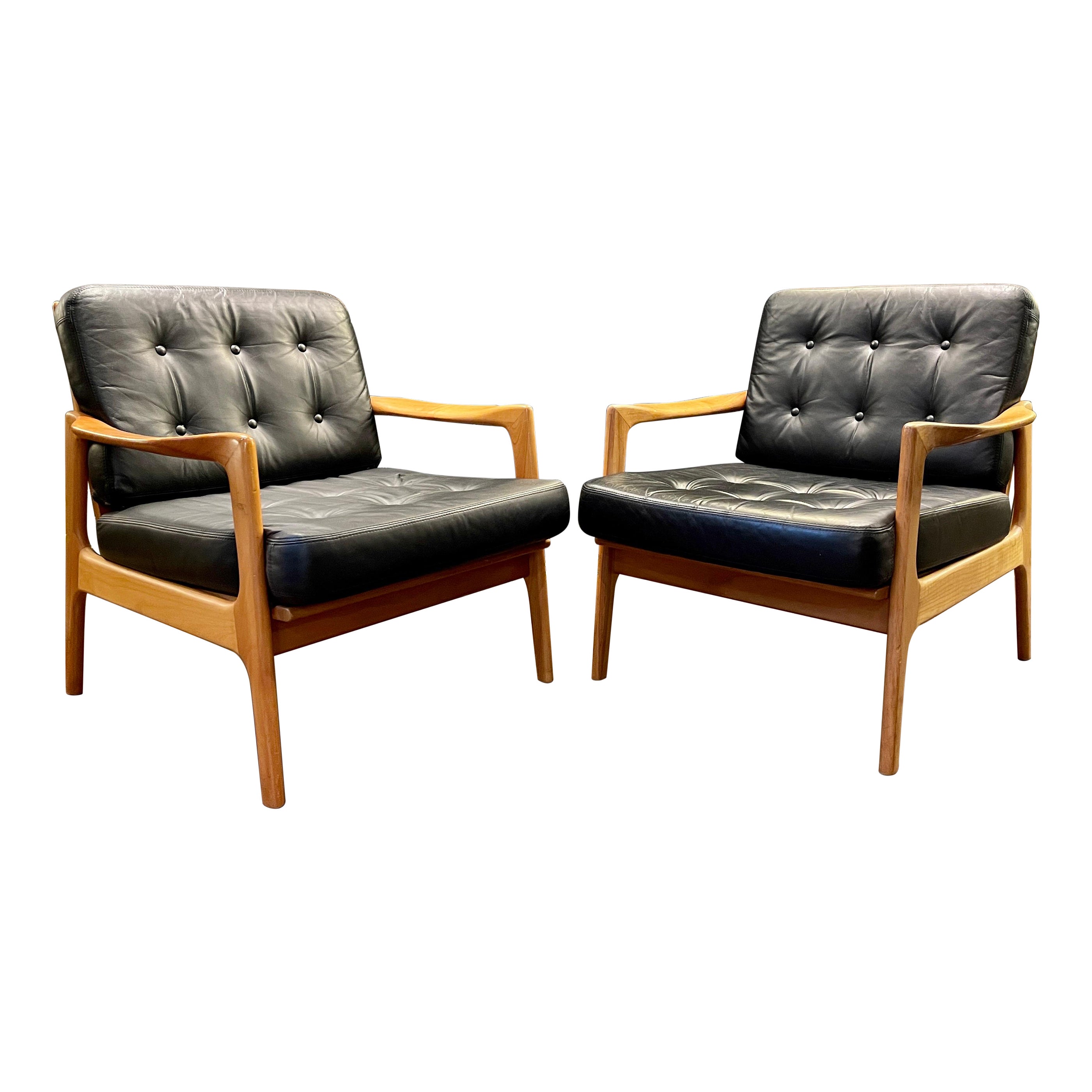 Pair of Danish Black Leather and Cherry Wood Armchairs