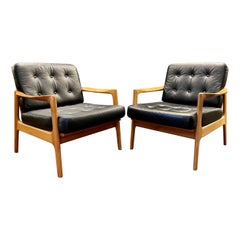 Vintage Pair of Danish Black Leather and Cherry Wood Armchairs