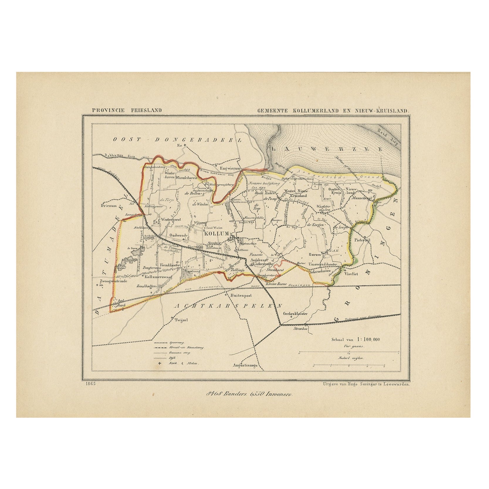 Antique Map of Kollumerland in Friesland, The Netherlands, 1868