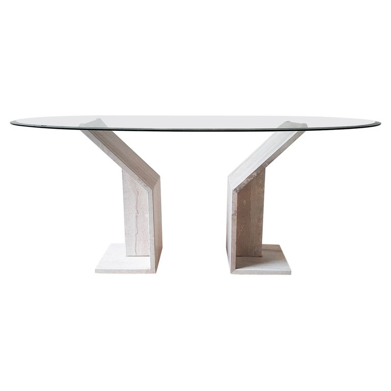 Travertine Dining Table with Oval Glass Top, 1970s For Sale