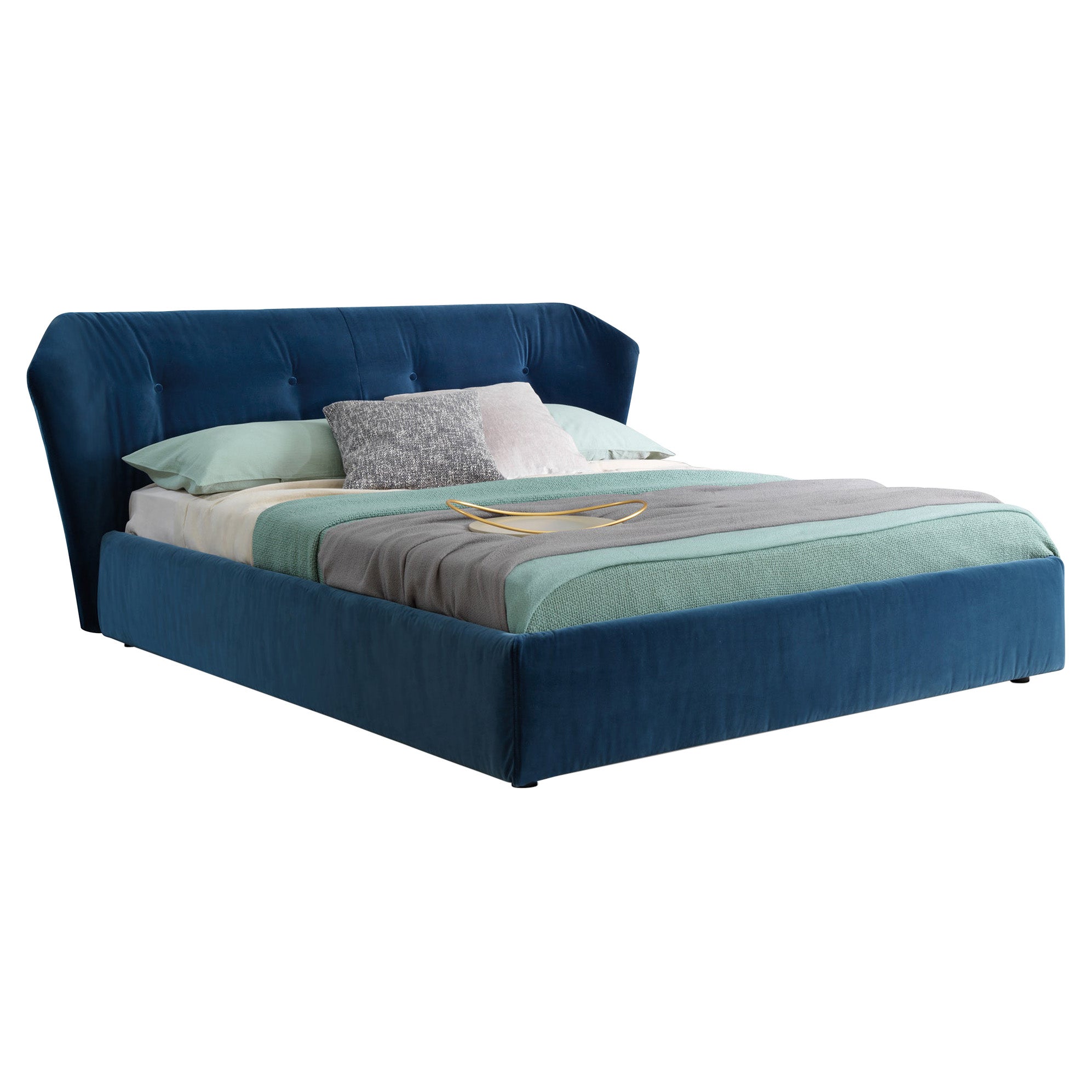 New York Box Bed Queen Size in Vegas Velvet Dark Blue Upholstery, Sergio Bicego