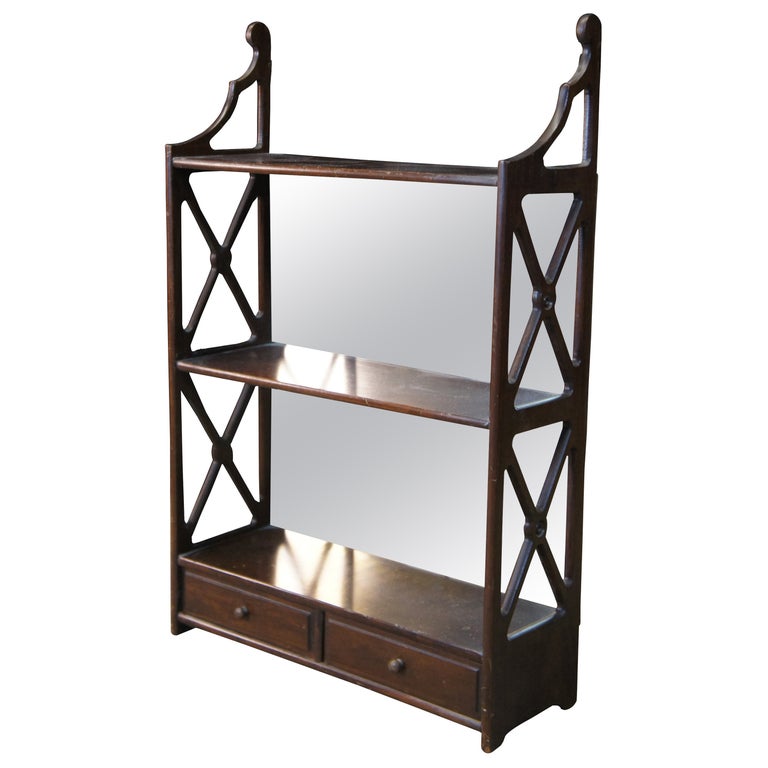 Vintage English Style Mahogany Mirrored Wall Hanging Shelf