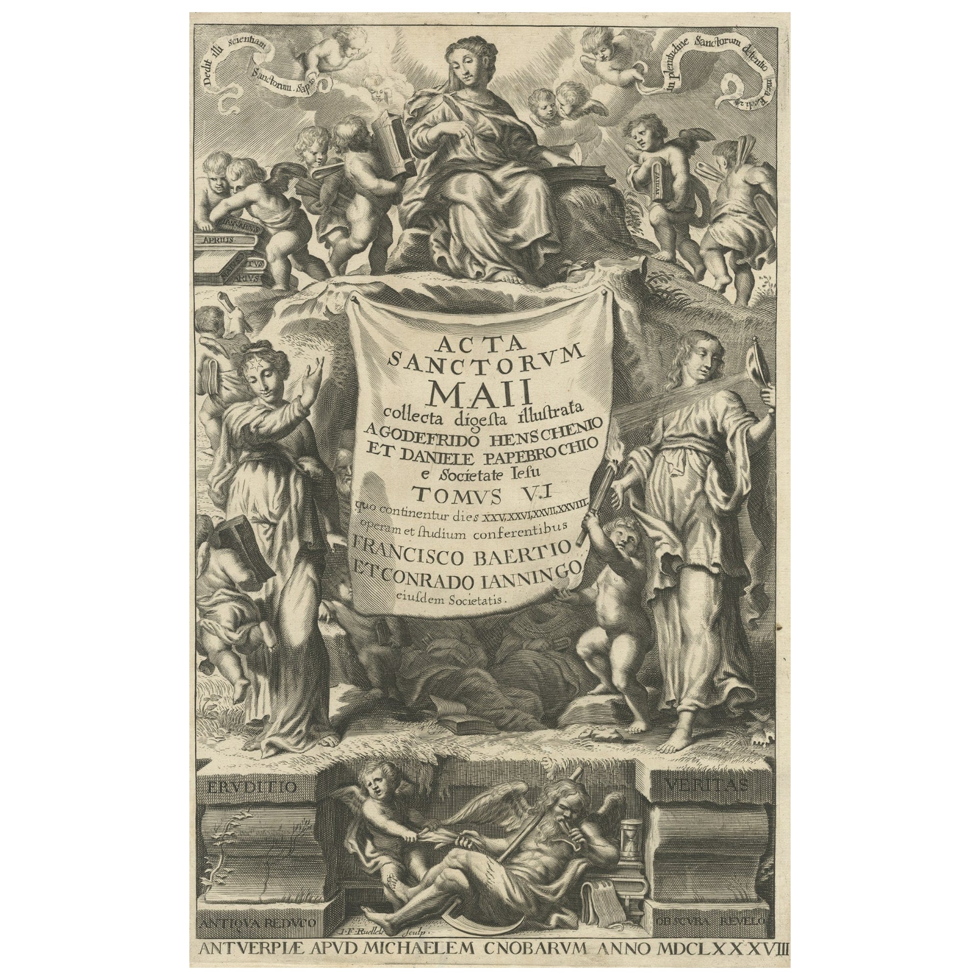Rare Religious Antique Frontispiece of the Acta Sanctorum, 1688 For Sale