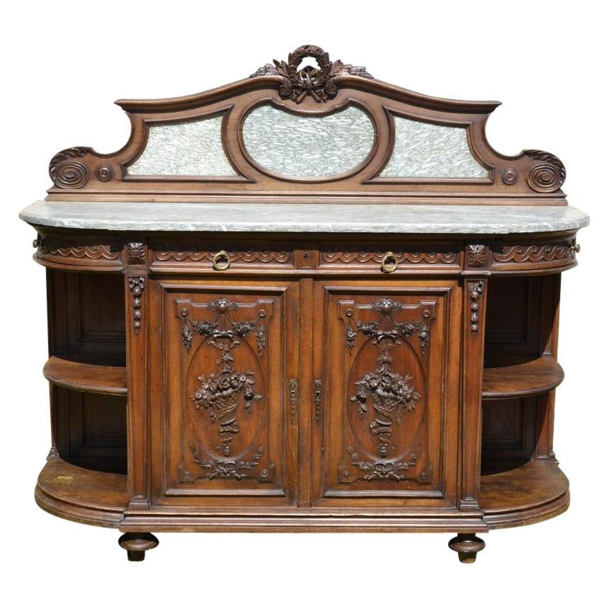 Louis XV Style, Walnut and Marble Carved Cabinet, 19th Century For Sale