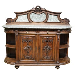 Antique Louis XV Style, Walnut and Marble Carved Cabinet, 19th Century