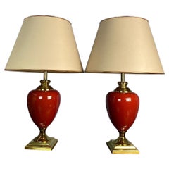 Pair Of Cream & Red Ceramic Ceramic Bedside Table Lamps from Ancemont, 1980s