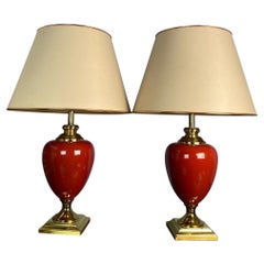 Vintage Pair Of Cream & Red Ceramic Ceramic Bedside Table Lamps from Ancemont, 1980s