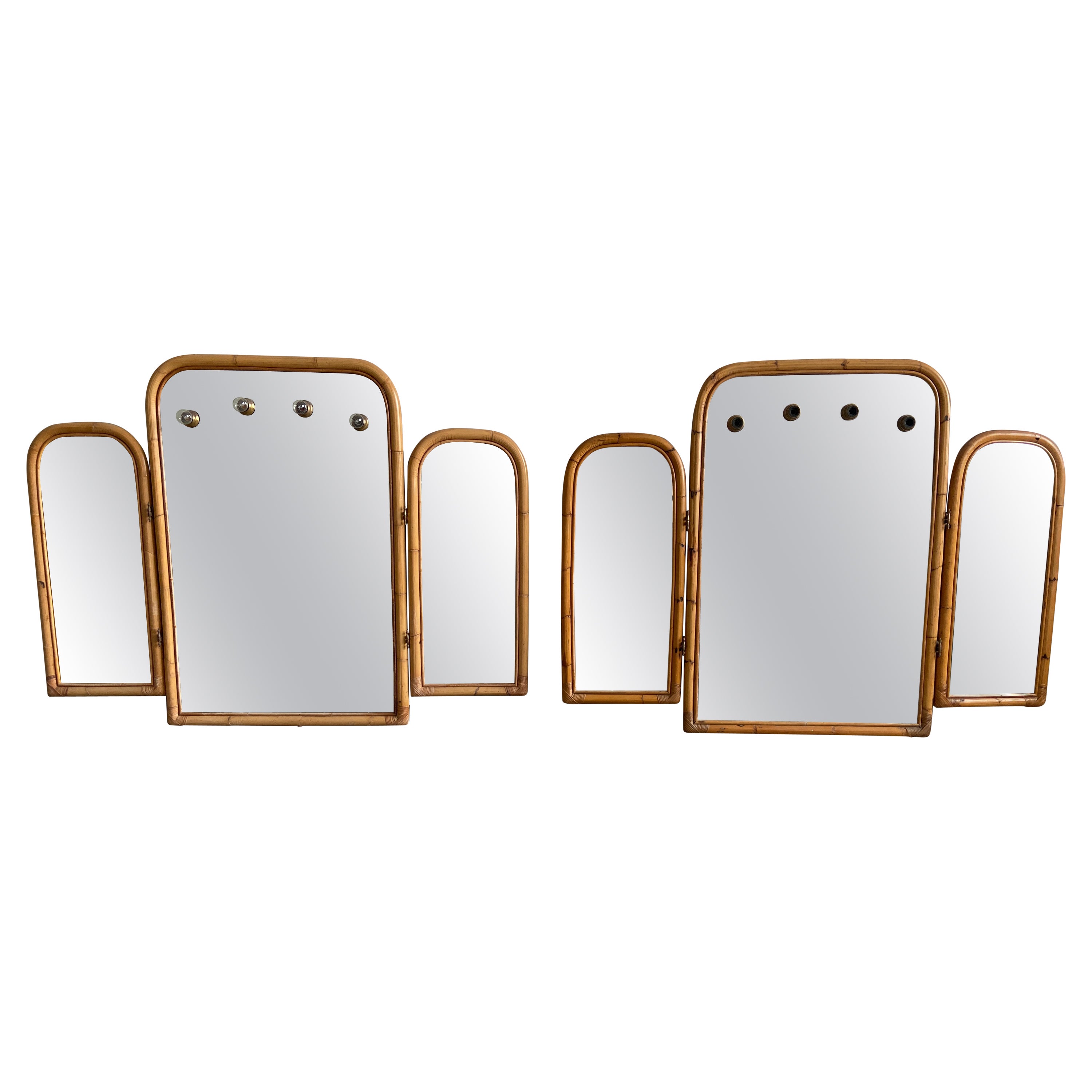 Mid-Century Modern Pair of Italian Triptych Bamboo Framed Lit Wall Mirrors