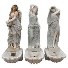 Set of Three 1990 Spanish Hand Carved Woman Sculpture Fountains w/ Trough Plinth