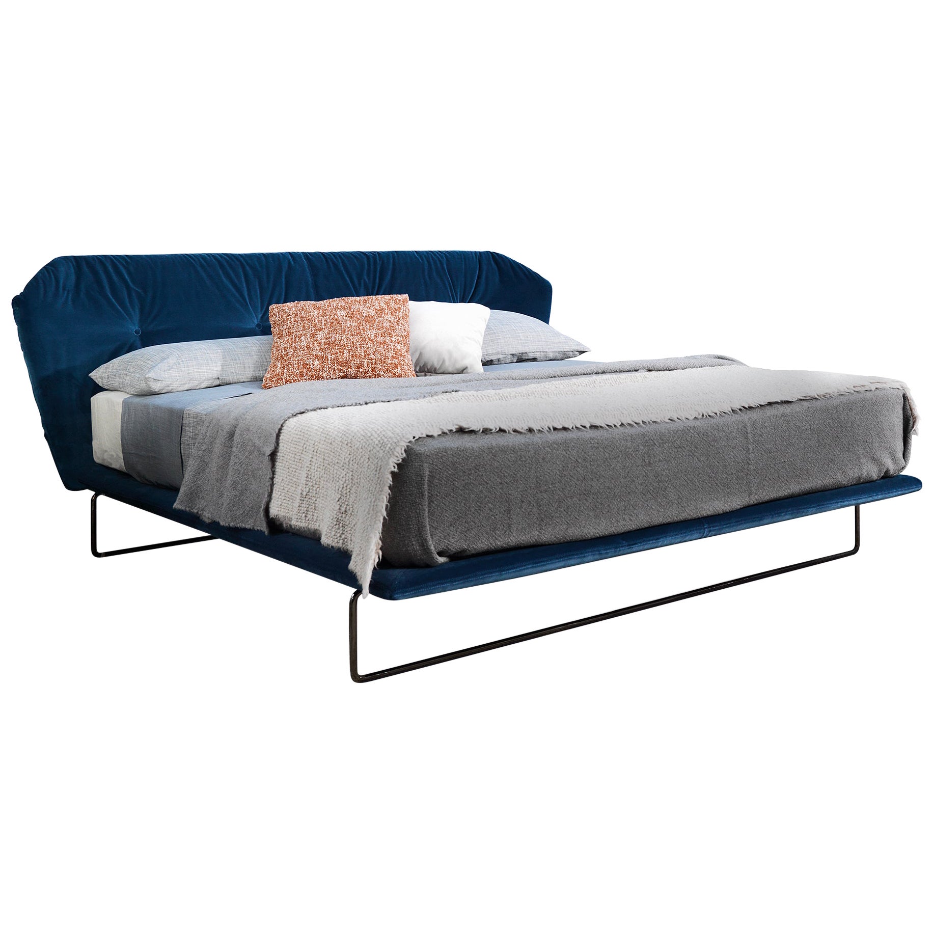 Letto New York Air Bed Queen Size in Vegas Velvet Dark Blue Upholstery  For Sale