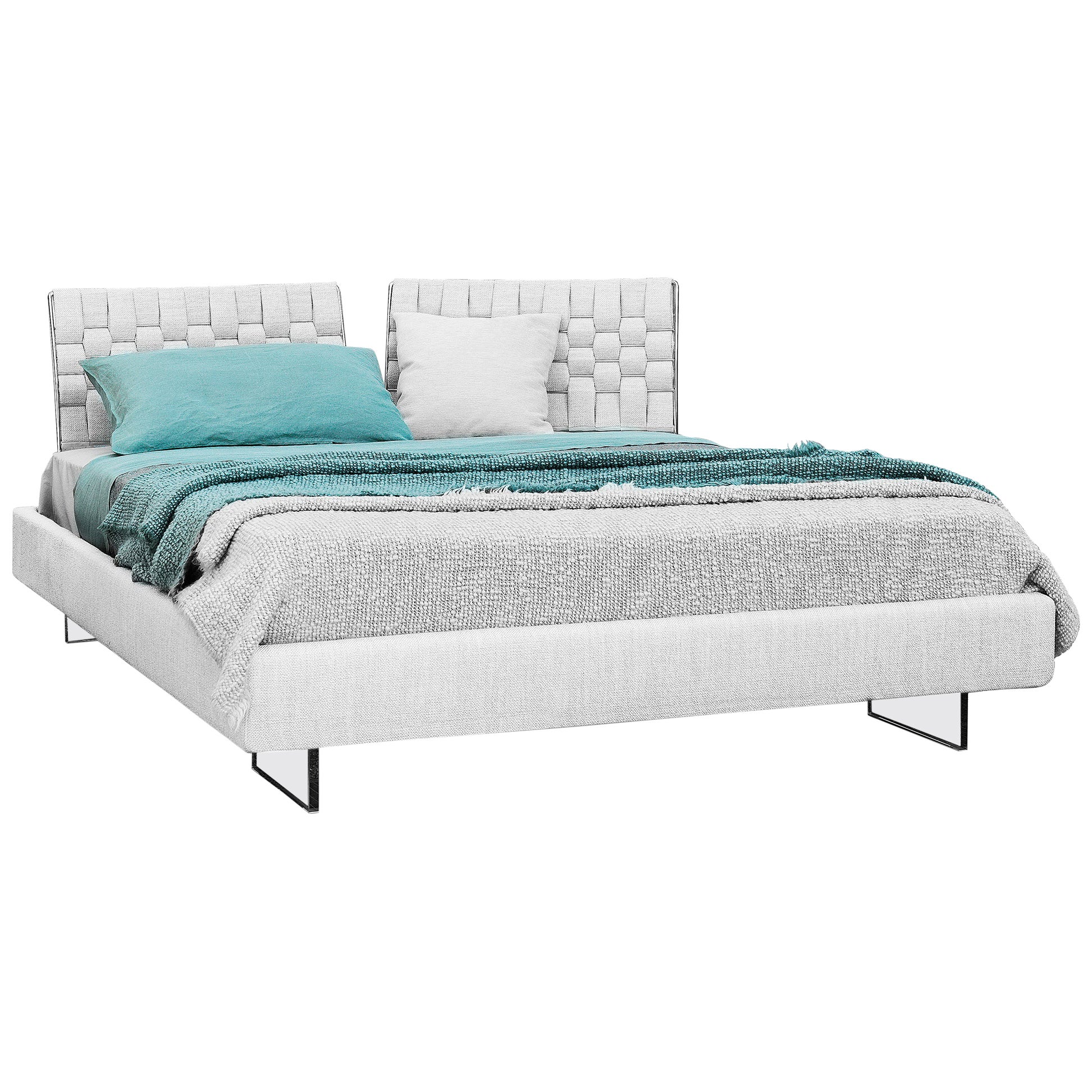 Letto Limes Queen Size Bed in White Avant Après with Padded Bands Headboard For Sale