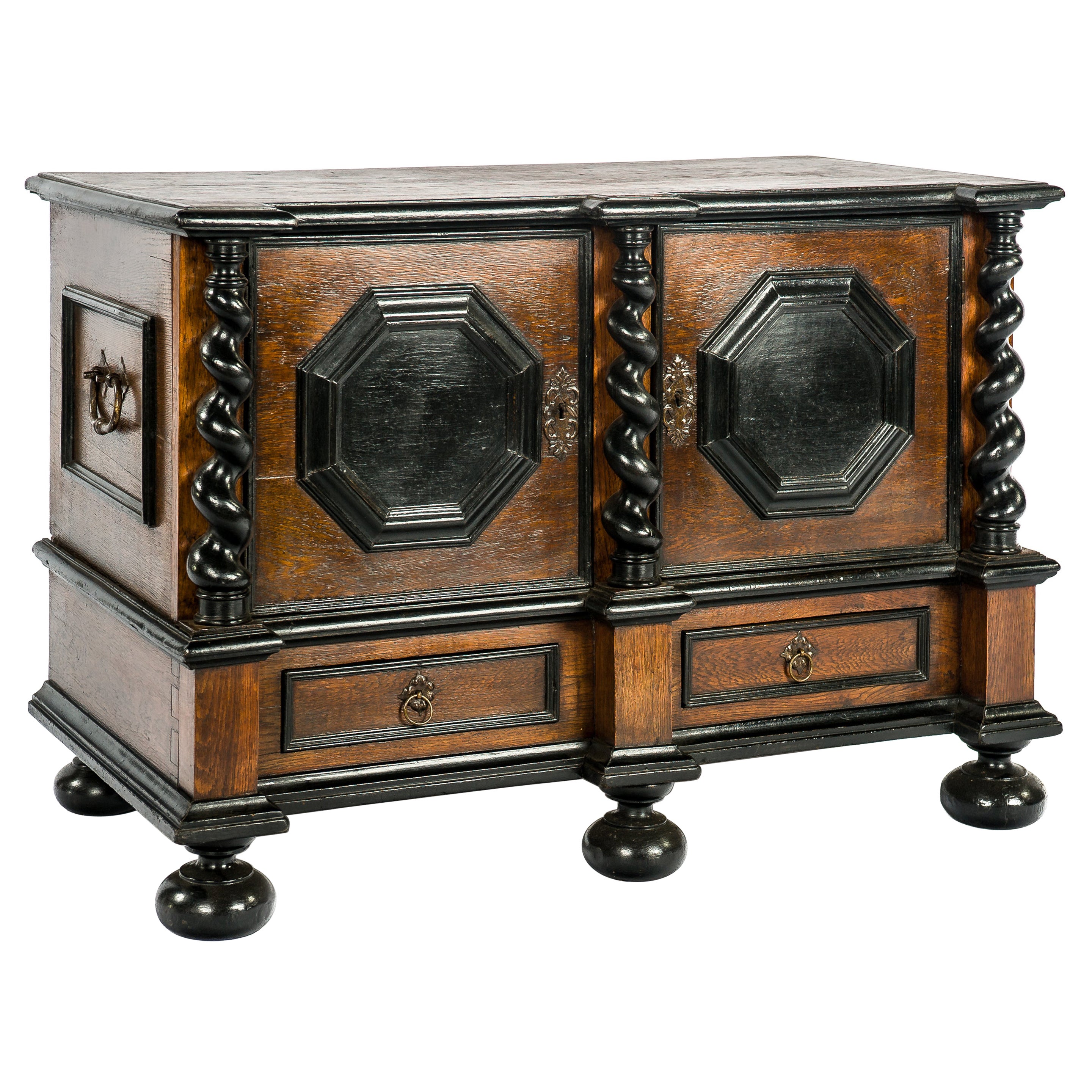 Antique 18th Century German Baroque Oak Cabinet with Black Panels For Sale