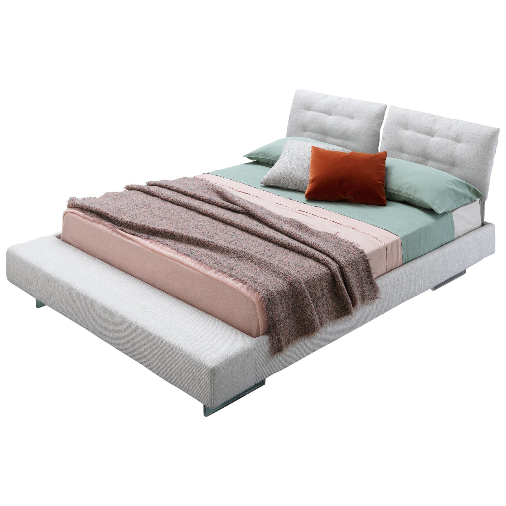 Letto Limes T Large Bed in White Avant Après with Padded Bands, Queen Size For Sale