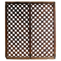 1950s European Wooden Geometric Latticework Screen w/ Iron Joined Woven Strips 