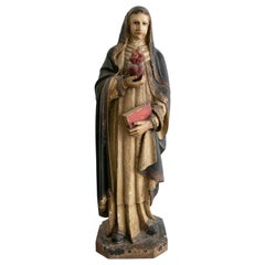 Mid19th Century Spanish Virgin Mary of the Sacred Heart Painted Wooden Sculpture