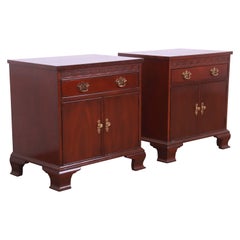 Baker Furniture Chippendale Carved Mahogany Nightstands, Pair