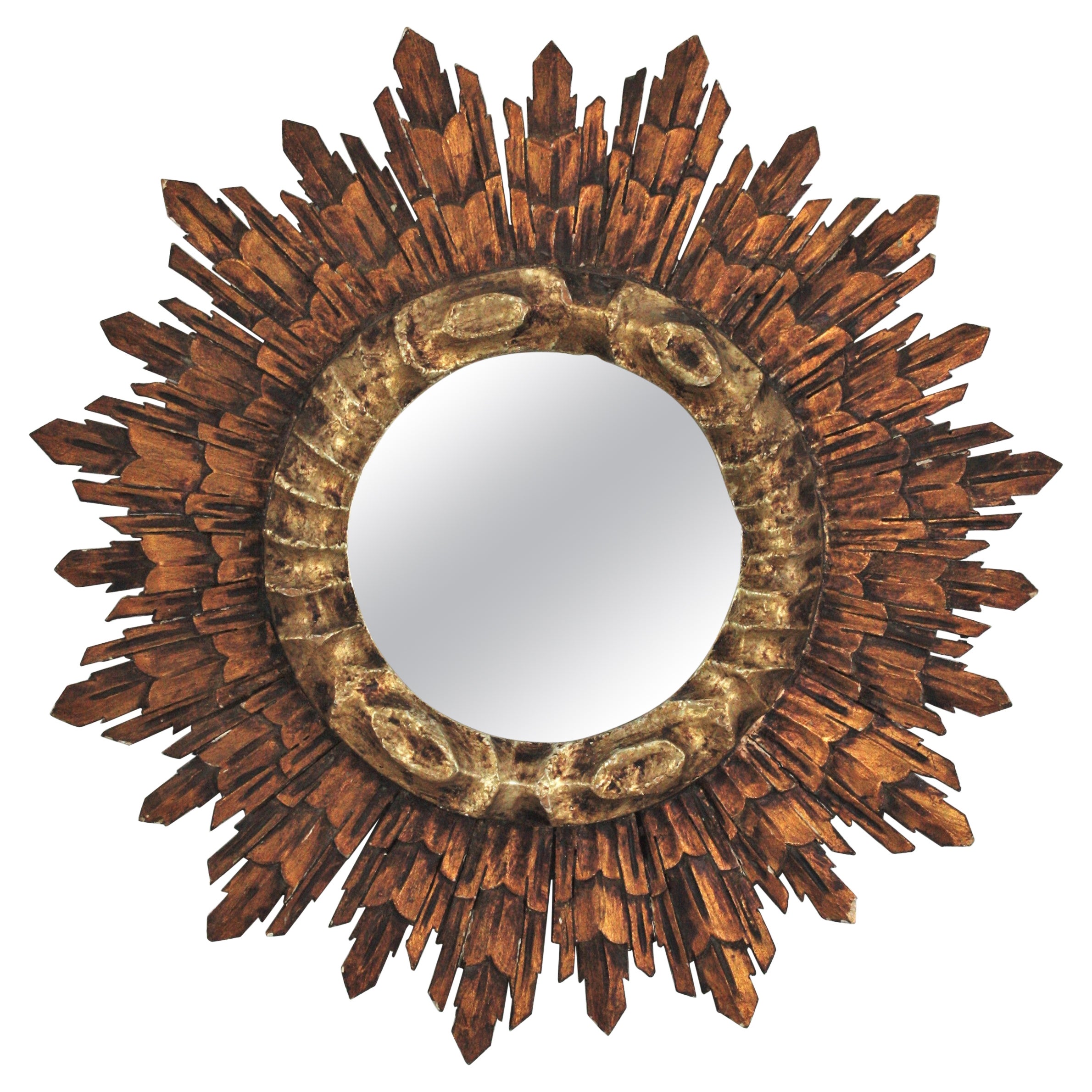 Spanish Baroque Sunburst Mirror, Silver and Gold Giltwood For Sale