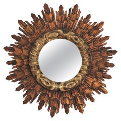 Spanish Baroque Sunburst Mirror in Silver and Gold Leaf Giltwood