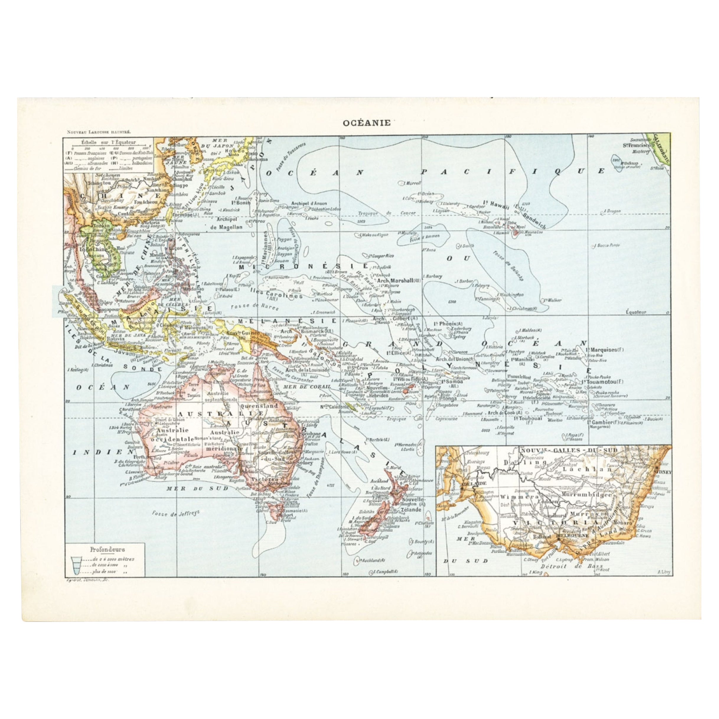 Alte französische Lithographie von Ozeanien mit einem Einsatz von Victoria, Australien 1897
