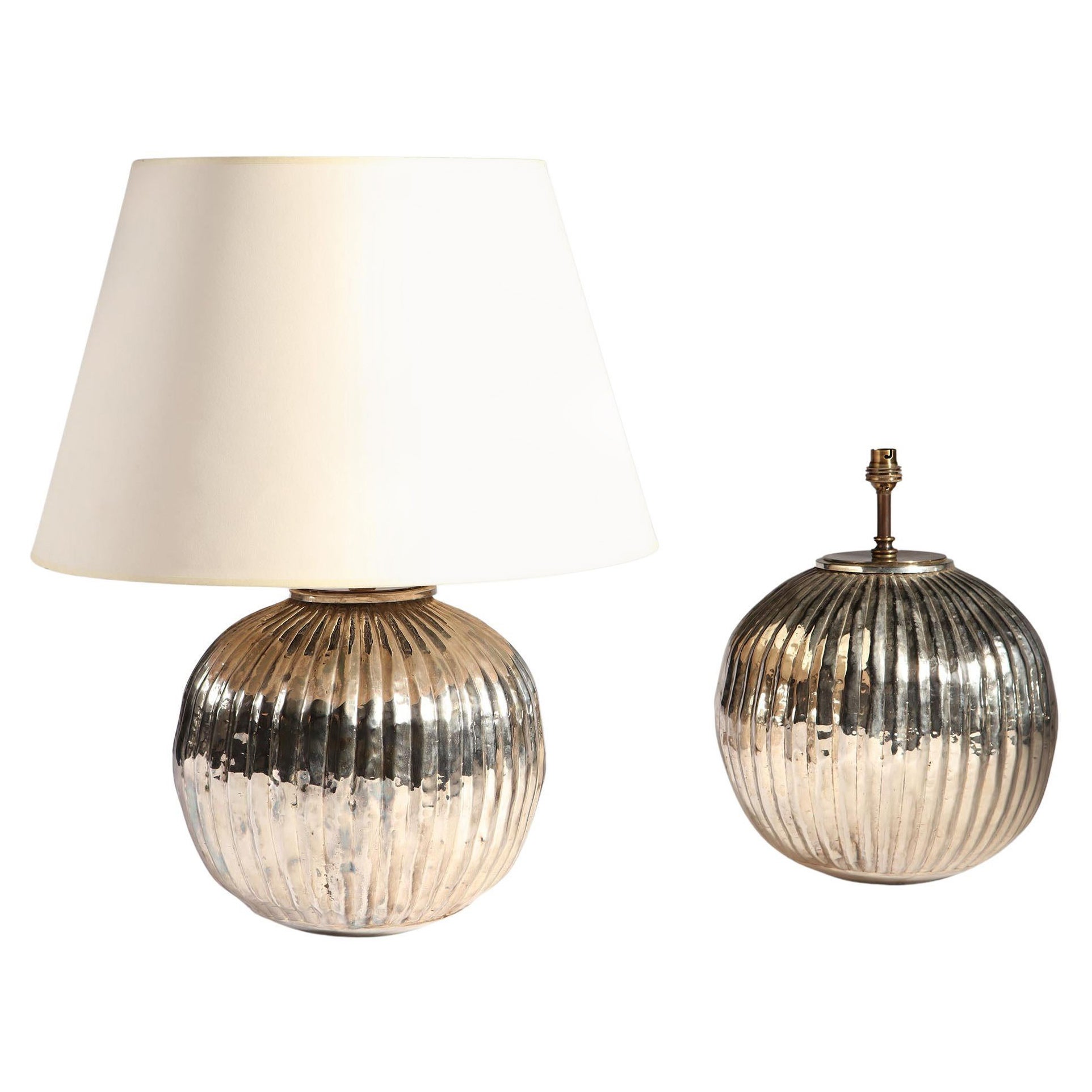 Pair of Mid-Century Silver Gadrooned Table Lamps of Spherical Form For Sale
