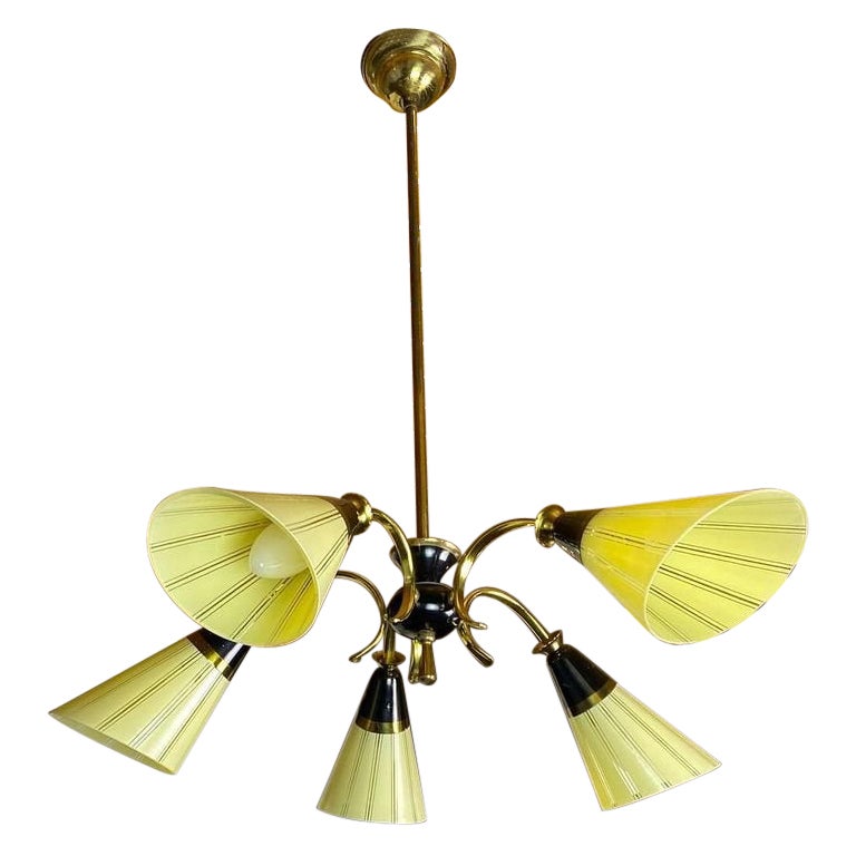 Stunning Vintage Brass Chandelier with Glass Shades From W. Germany For Sale