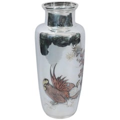Large Japanese Silver and Mixed-Metal Vase with Flurried Fowl