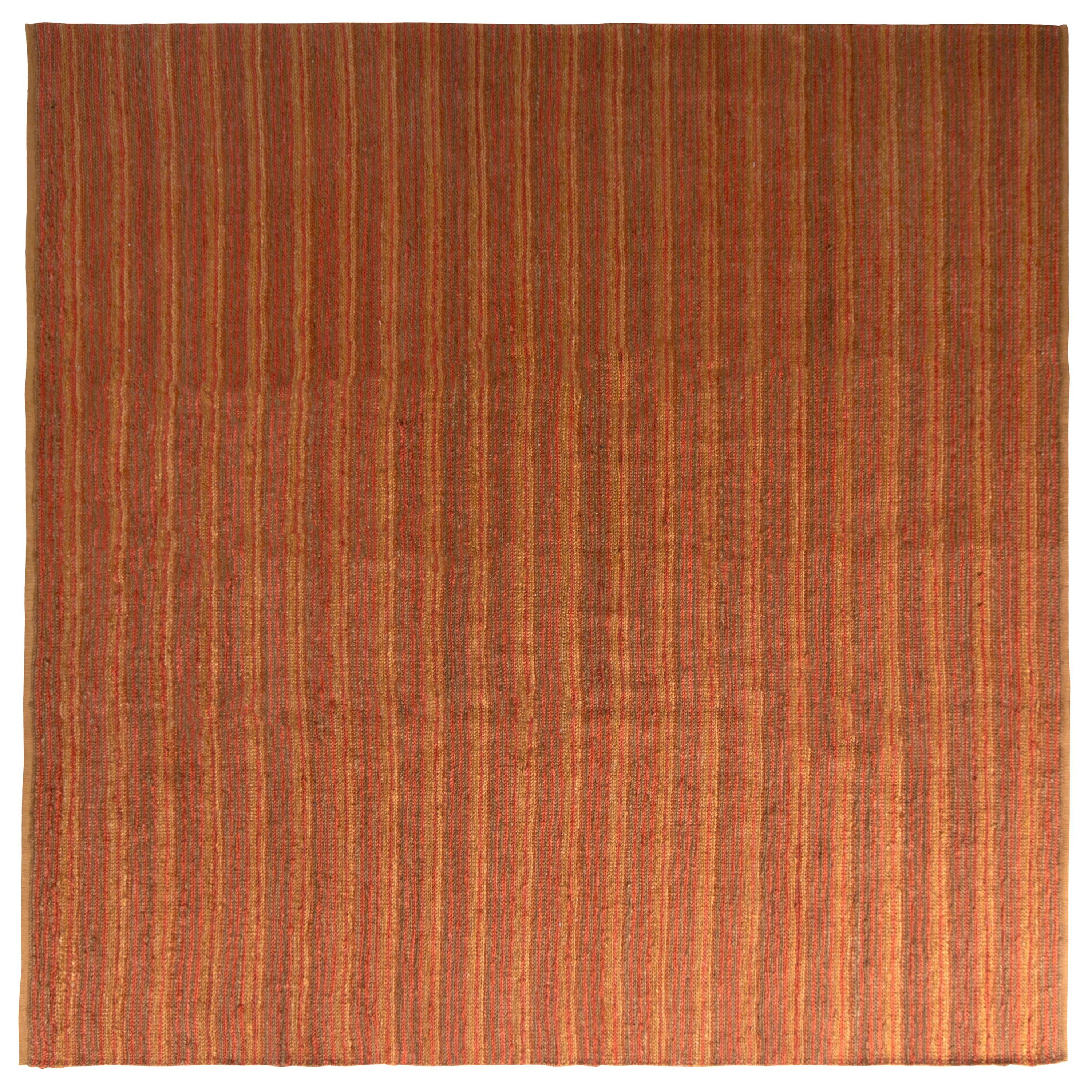 Rug & Kilim's Contemporary Flat-Weave Striped Orange Brown Square For Sale