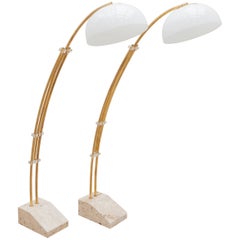 Set of Two Brass Adjustable Arc Floor Lamps with Marble Base, Italy 1970s