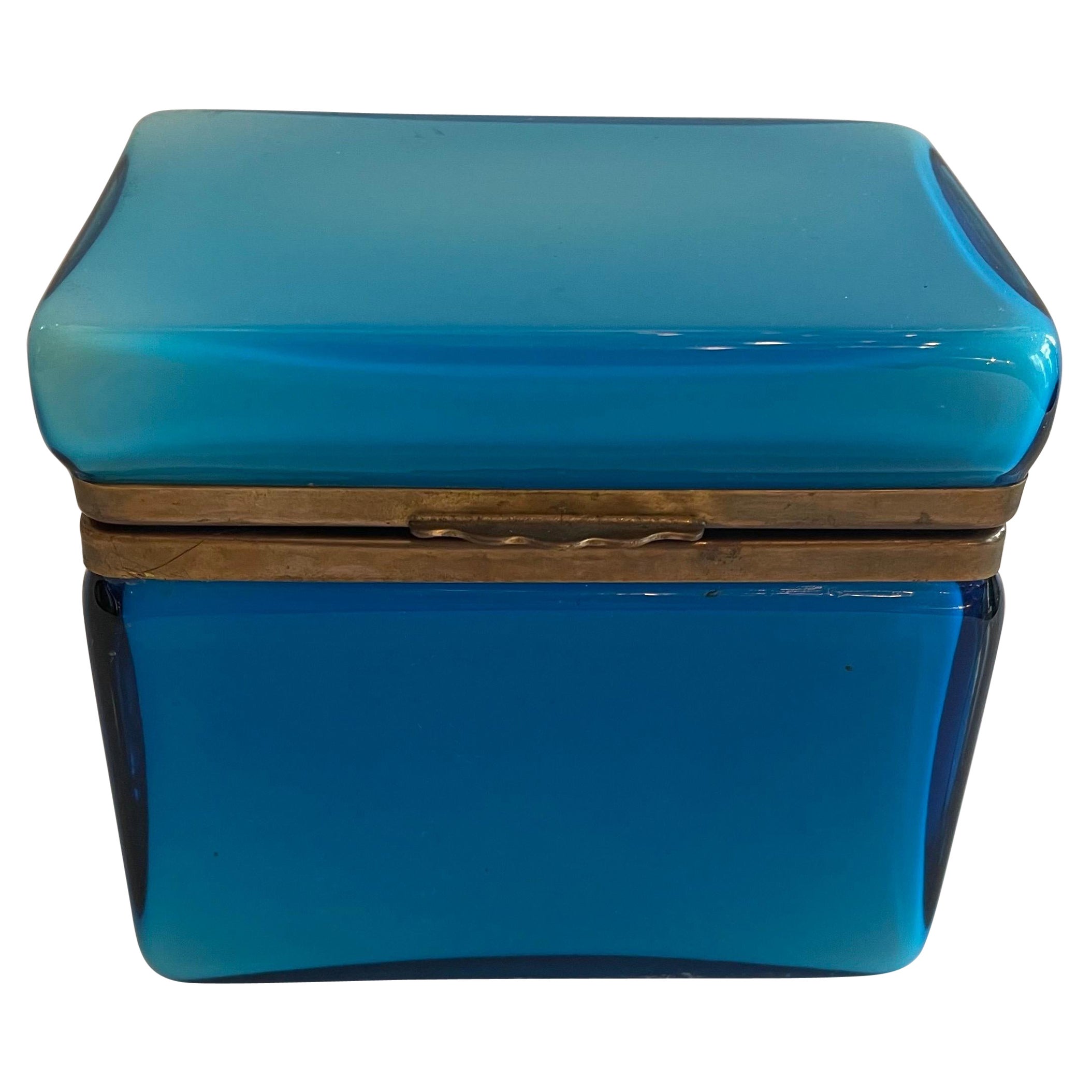 Wonderful Mid-Century Modern Murano Blue Art Glass Ormolu Brass Casket Box