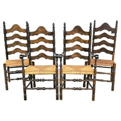 Mid Century French Country Ladder Ribbon Back Rush Seat Dining Chairs, Set of 4