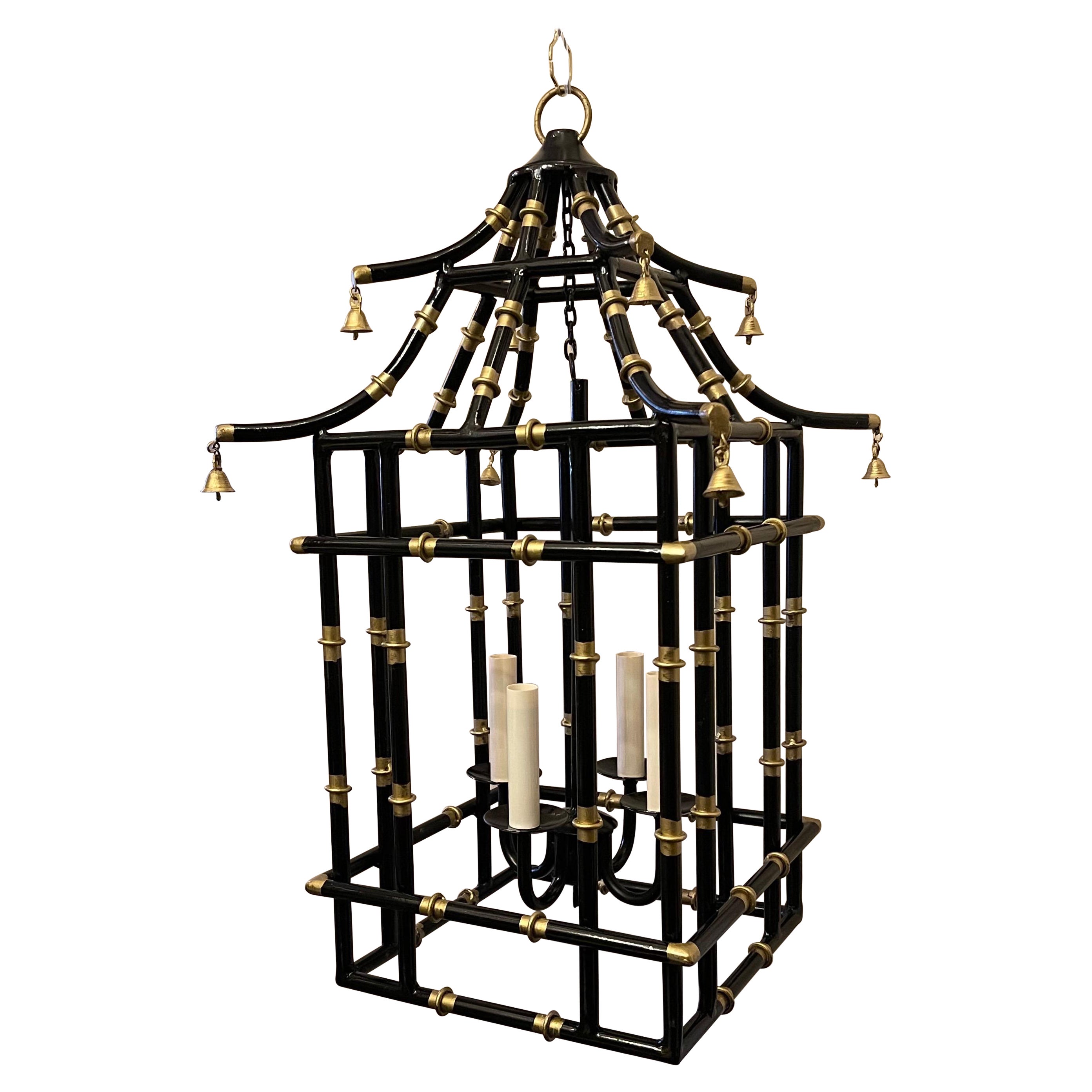 Wonderful Medium Black & Gold Gilt Pagoda Bamboo Chinoiserie Lantern Fixture