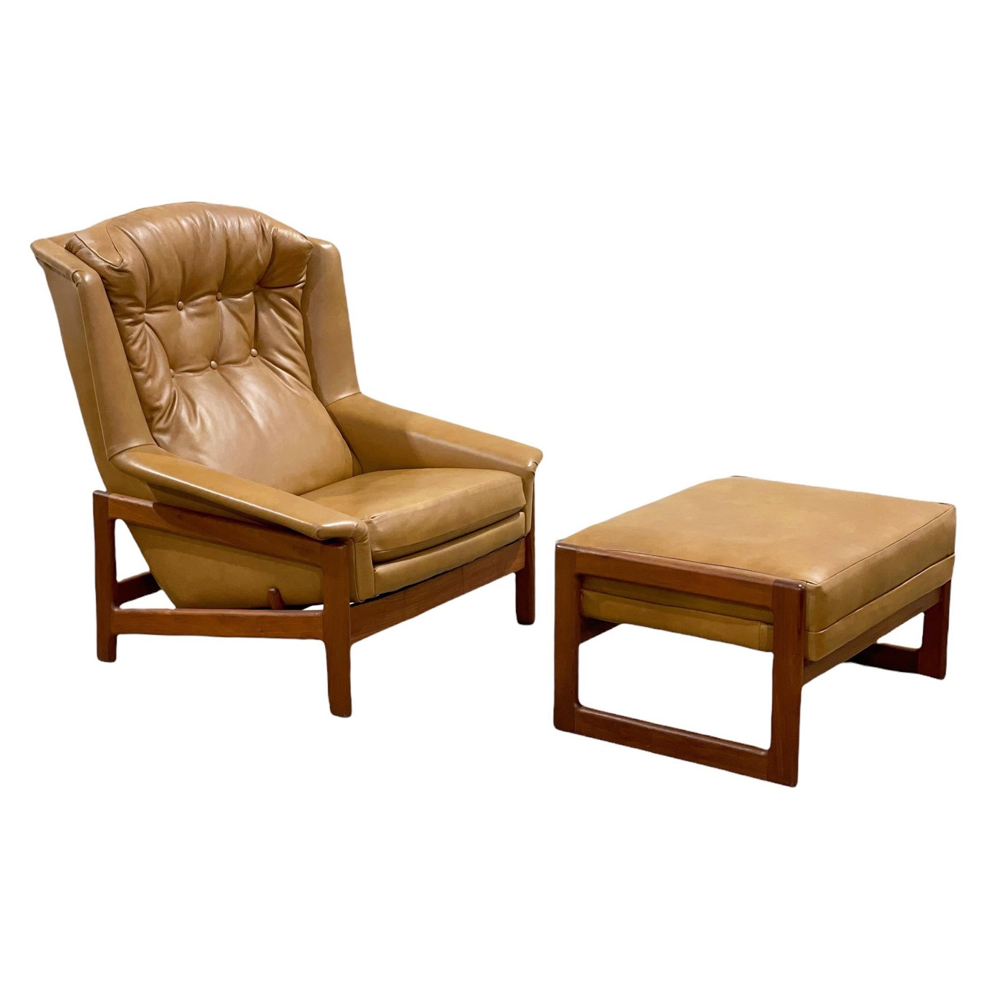 MidCentury Leather and Teak Lounge Chair and Ottoman by Dux at 1stDibs