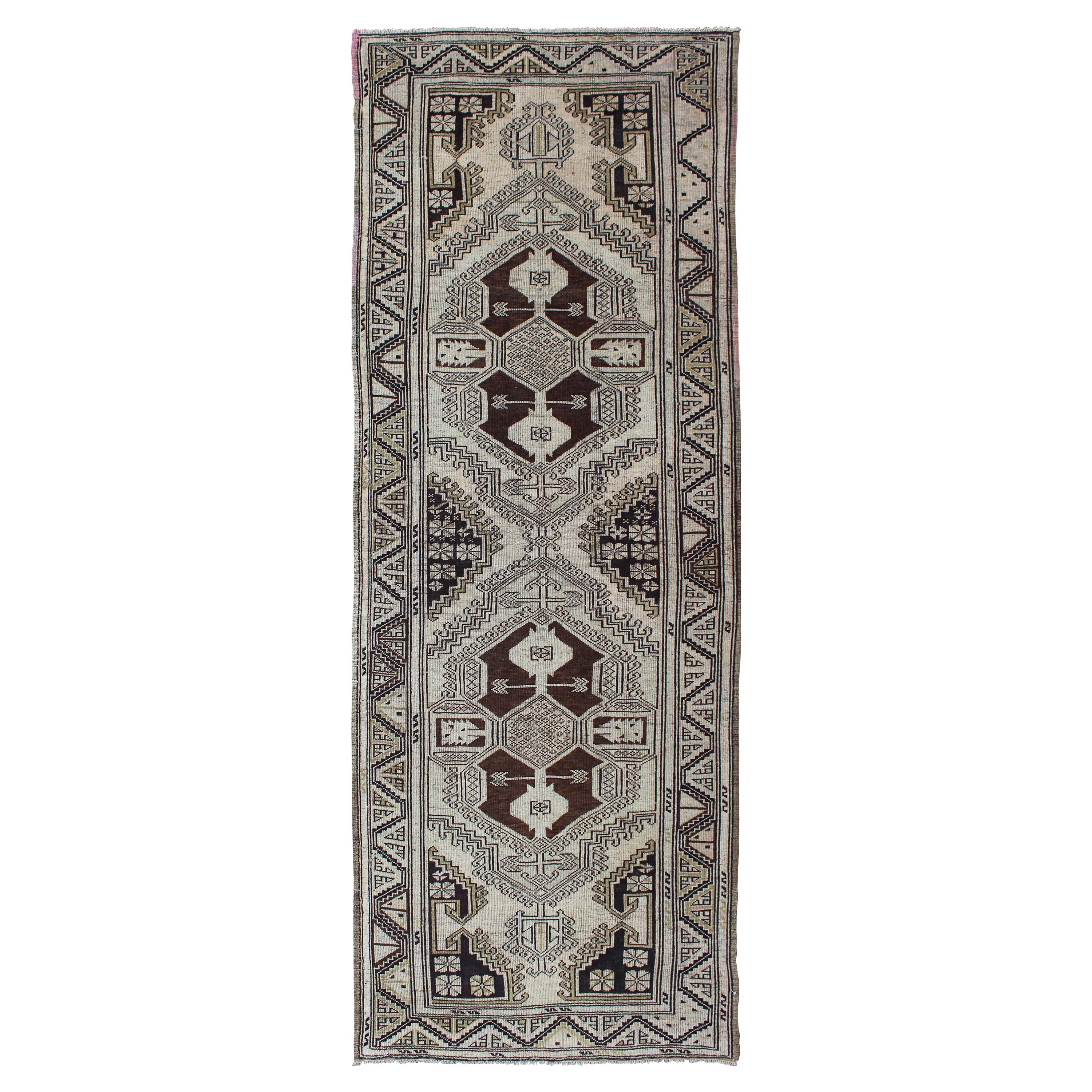 Vintage Turkish Oushak Runner with Stylized Two Large Medallion Design For Sale