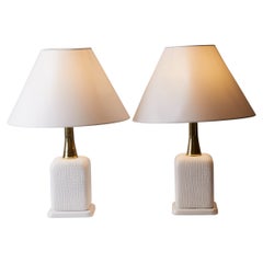 1960s French Pair of White Crocodile Embossed Wood & Brass Lamps