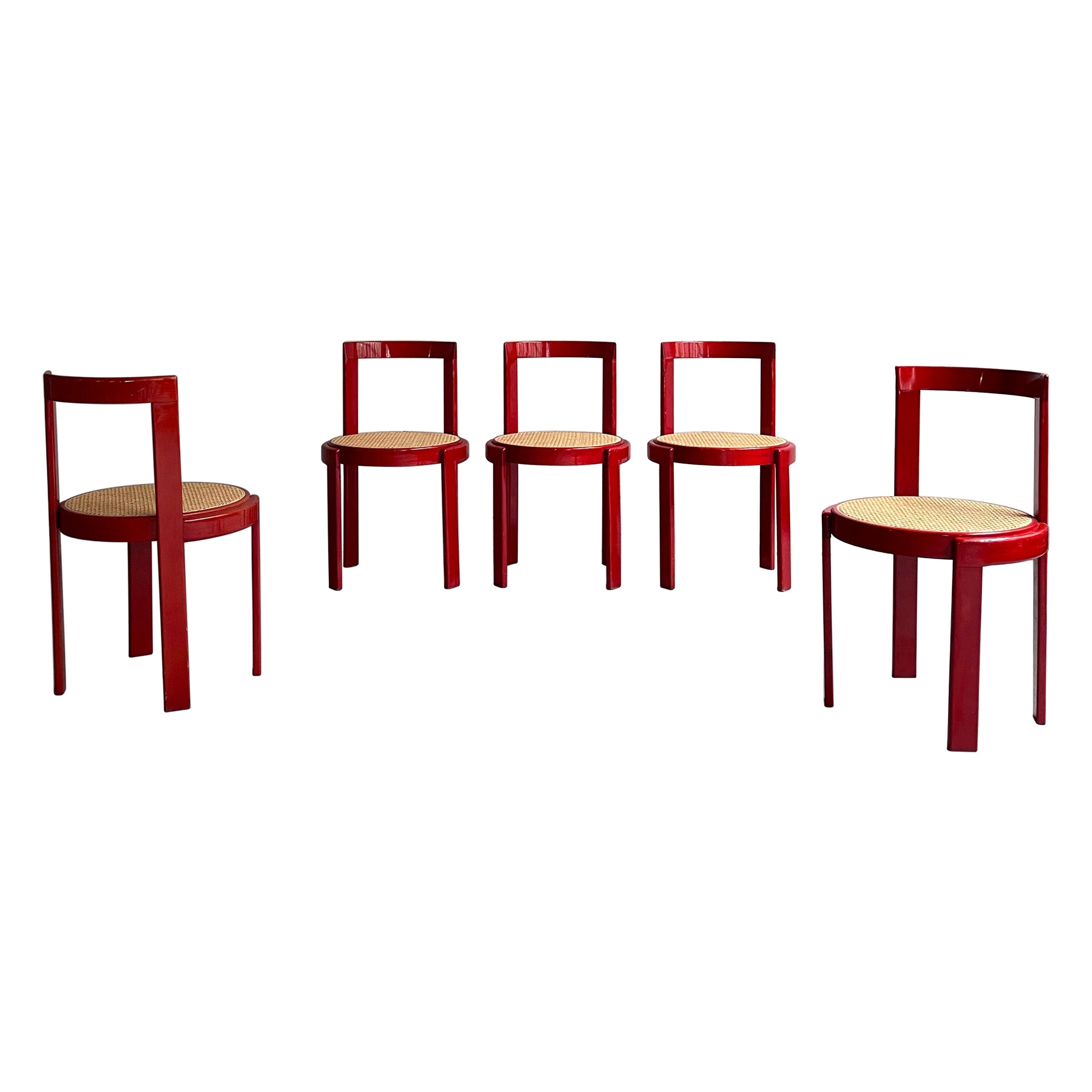 Chaises de salle à manger circulaires en bois de roseau et canne, jeu de 6 - Italie - Modernisme