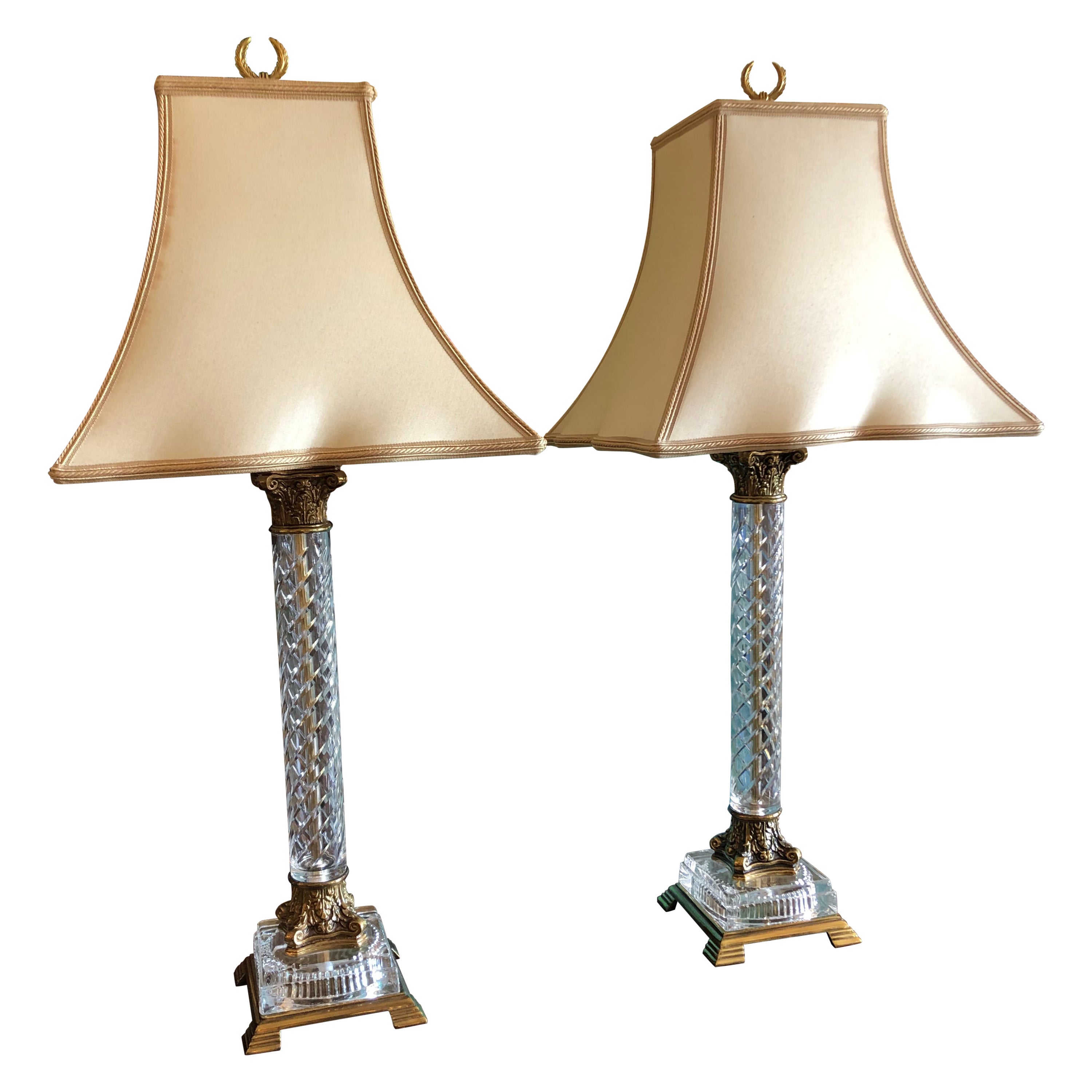 Fancy Pair of Crystal & Brass Corinthian Column Table Lamps For Sale