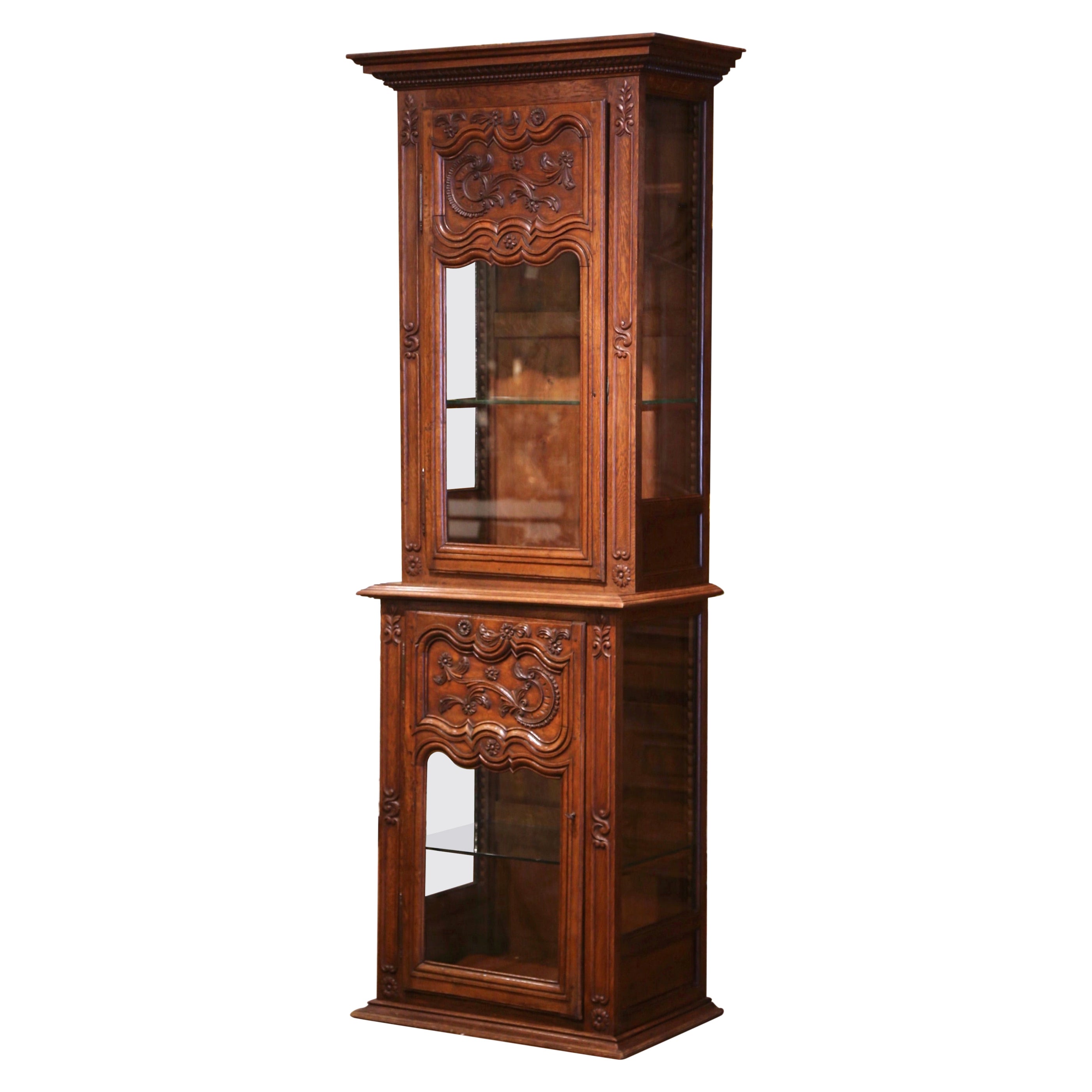 19th Century French Louis XIV Carved Oak and Glass Display Cabinet from Normandy For Sale