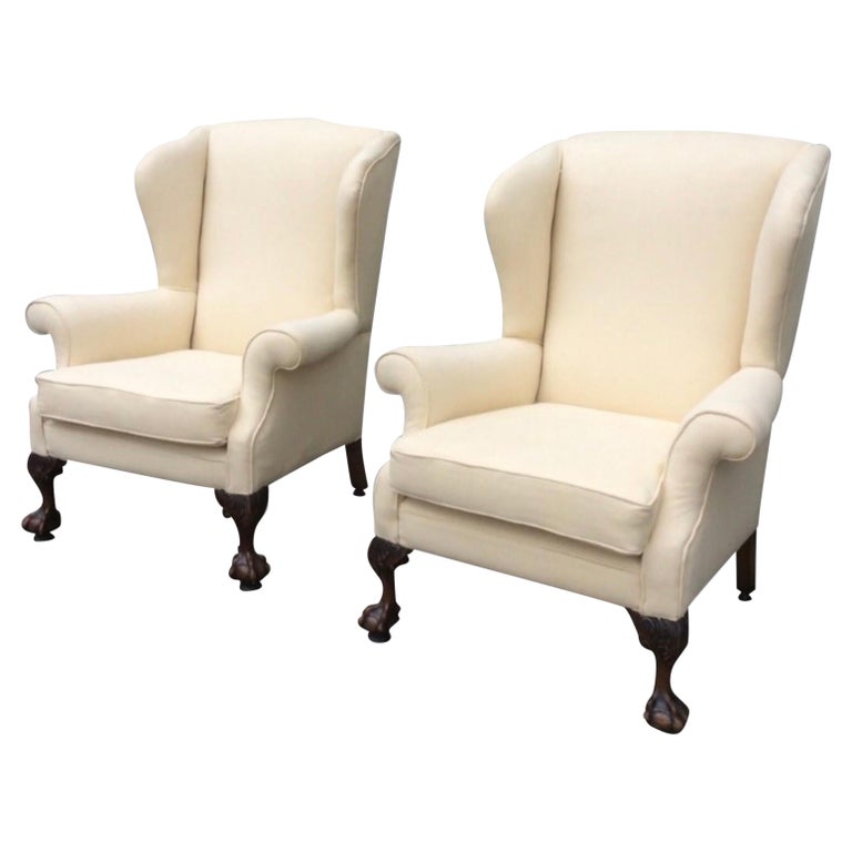 Pair of Antique Wing Back Wingback Arm Chairs with Mahogany Ball and Claw Feet