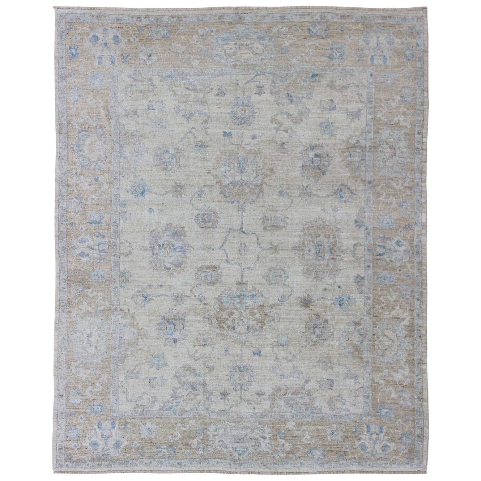Angora Oushak Turkish Rug in with Floral Design by Keivan Woven Arts 