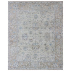 Angora Oushak Turkish Rug in Cream, Taupe, Silver, Light Brown Light Blue Colors