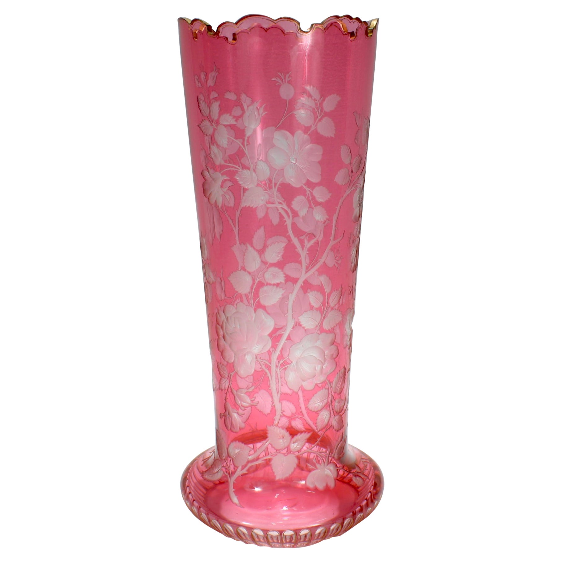 Antique Bohemian Cranberry Overlay Cut to Clear Glass Vase with Roses