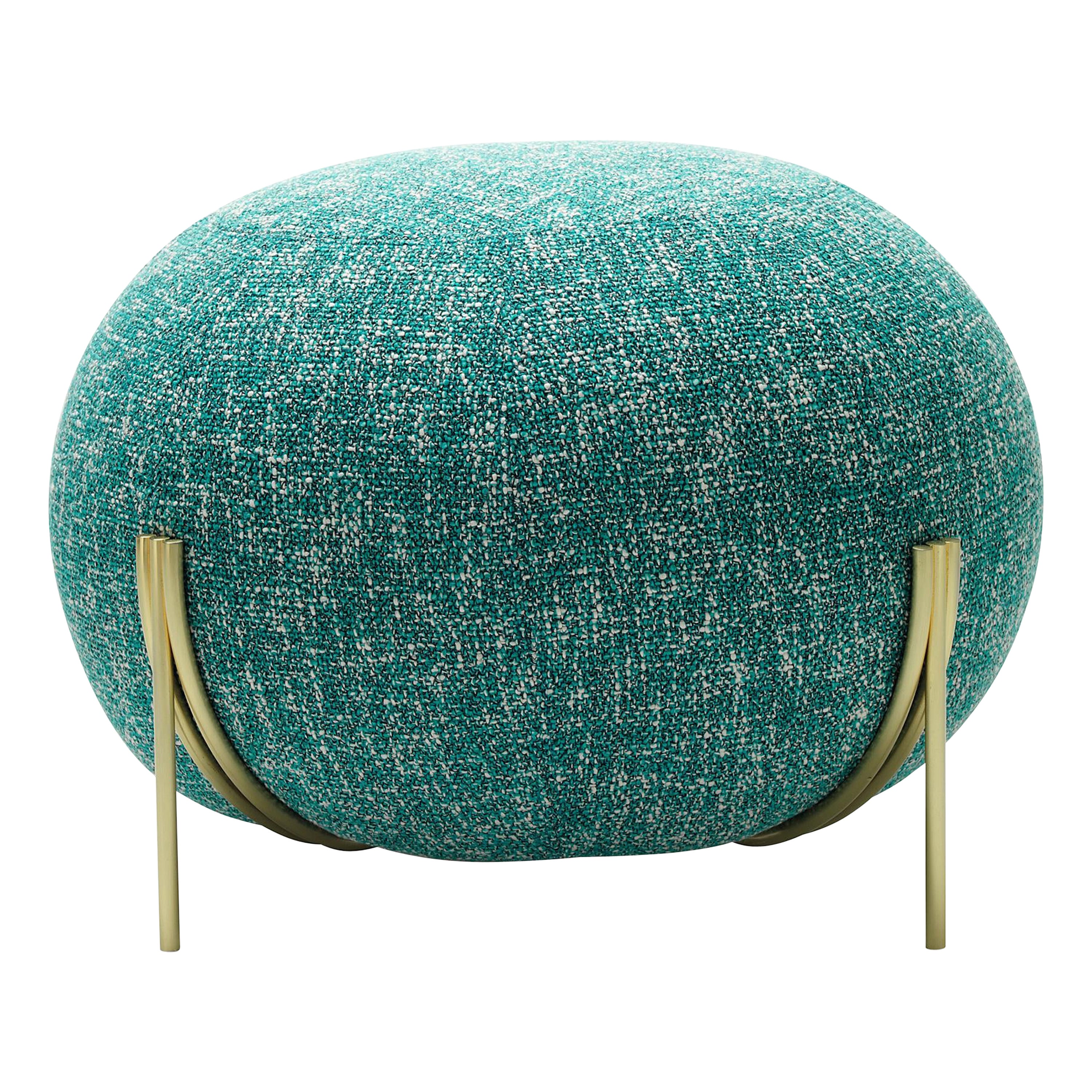 Geo Small Pouf in Seventy Blue Upholstery & Satin Brass Legs by Paolo Grasselli