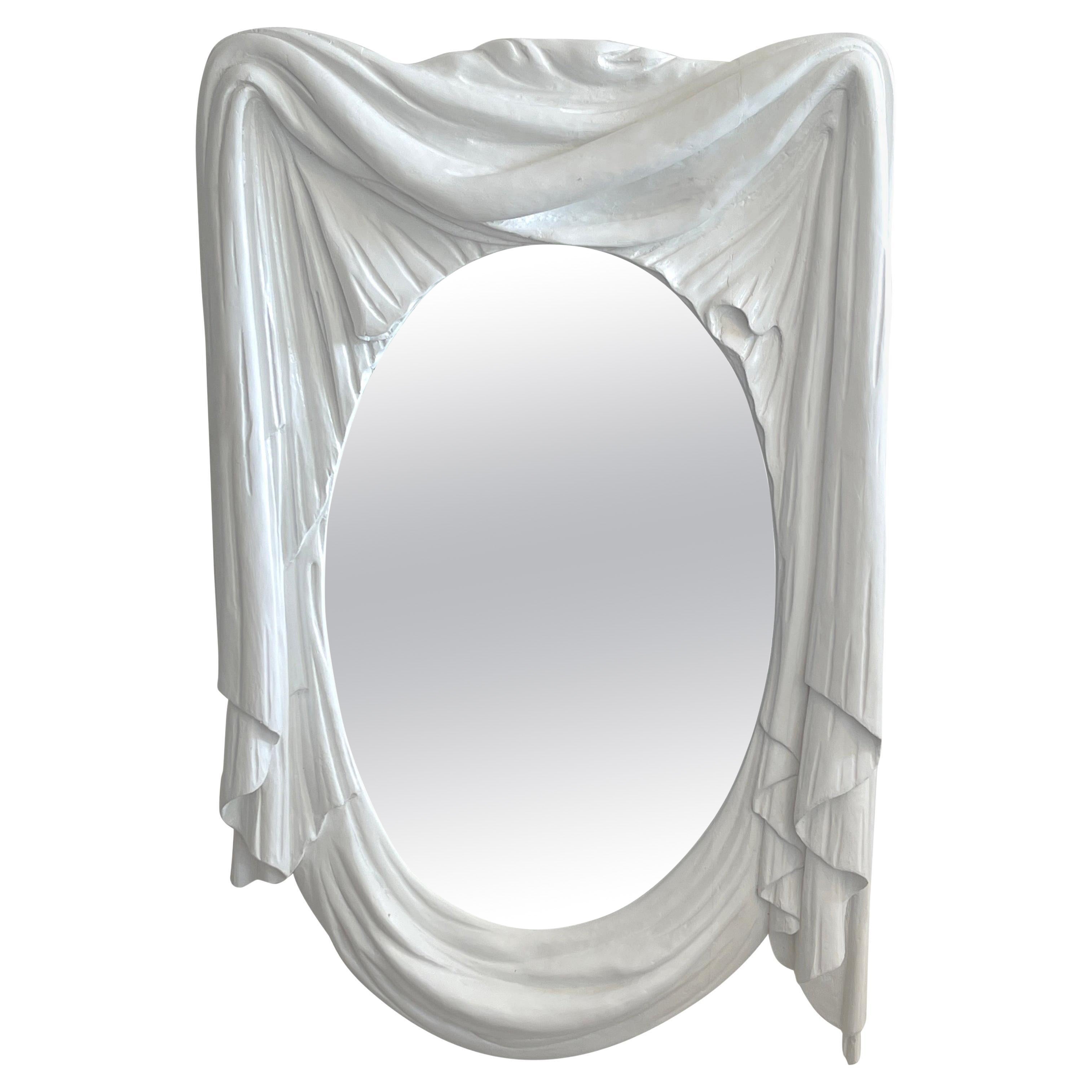 Modern White Lacquered Carved Wood Draped Mirror